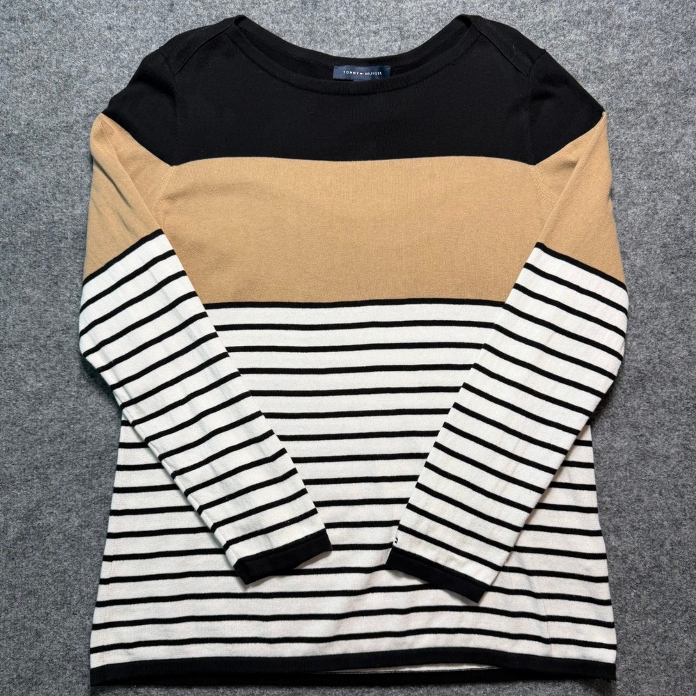 TOMMY HILFIGER Women Colorblock Striped Cotton Boat Neck Sweater Black Tan XL